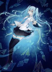 Rule 34 | 1girl, aqua eyes, aqua hair, bad id, bad pixiv id, boots, detached sleeves, female focus, full body, gradient background, hatsune miku, highres, long hair, necktie, paper, paper airplane, reira (zetalatte), skirt, smile, solo, thigh boots, thighhighs, twintails, very long hair, vocaloid
