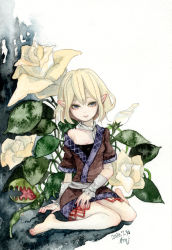 Rule 34 | 1girl, bare legs, barefoot, blonde hair, female focus, flower, full body, mizuhashi parsee, nature, painting (medium), pinkxxxna, pointy ears, short hair, solo, touhou, traditional media, watercolor (medium)