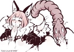 Rule 34 | 1girl, 2boys, animal ear fluff, animal ears, animal hands, ass, blush, claws, cum, fellatio, group sex, gyarusatan, looking at viewer, manticore (monster girl encyclopedia), monster girl, monster girl encyclopedia, multiple boys, oral, penis, pink hair, simple background, tail, tailjob, thighs, threesome, white background