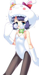 Rule 34 | 1girl, :3, @ @, aida takanobu, animal ears, animal hands, animal hat, anyamal tantei kirumin zoo, bad id, bad pixiv id, bare shoulders, black pantyhose, blue eyes, blue hair, blunt bangs, blush, blush stickers, bow, choker, clover, coke-bottle glasses, embarrassed, fake animal ears, flat chest, four-leaf clover, glasses, hat, leotard, looking at viewer, matching hair/eyes, mikogami rimu, o o, open mouth, pantyhose, parted bangs, pince-nez, playboy bunny, rabbit, rabbit ears, rabbit tail, ribbon, scrunchie, short hair, simple background, solo, standing, sweat, sweatdrop, tail