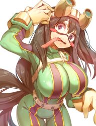 Rule 34 | 10s, 1girl, :&gt;, asui tsuyu, belt, black hair, blush, blush stickers, bodysuit, boku no hero academia, breasts, cleavage, eyelashes, frog girl, from above, gloves, goggles, goggles on head, hair between eyes, hair rings, hand on own head, highres, huge breasts, impossible bodysuit, impossible clothes, long hair, long tongue, low-tied long hair, monster girl, naeun (pinky1866), open mouth, purple eyes, revision, shiny clothes, skin tight, solo, tongue, tongue out