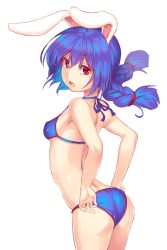 Rule 34 | 1girl, adapted costume, adjusting clothes, adjusting panties, adjusting swimsuit, animal ears, arched back, armpits, ass, bad id, bad pixiv id, bare arms, bare shoulders, bikini, blue bikini, blue hair, blush, braid, breasts, covered erect nipples, cowboy shot, from side, hair ribbon, halterneck, halterneck, highres, long hair, looking at viewer, looking to the side, low twintails, open mouth, panties, rabbit ears, red eyes, red ribbon, ribbon, seiran (touhou), small breasts, solo, sweat, swimsuit, touhou, tress ribbon, twintails, underwear, wet, white background, yonaga (masa07240)
