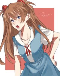 Rule 34 | 1girl, artist request, blue eyes, blush, bow, bowtie, breasts, brown hair, collarbone, collared shirt, dress shirt, hand on own hip, highres, interface headset, long hair, looking at viewer, medium breasts, neon genesis evangelion, open mouth, school uniform, shirt, simple background, skirt, small breasts, solo, souryuu asuka langley, suspender skirt, suspenders, tokyo-3 middle school uniform, translation request, tsundere, two side up, white shirt