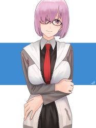 Rule 34 | 1girl, amino (tn7135), bad id, bad pixiv id, black dress, blush, breast hold, breasts, commentary request, dress, fate/grand order, fate (series), glasses, hair over one eye, jacket, large breasts, looking at viewer, mash kyrielight, necktie, purple eyes, purple hair, short hair, smile, solo