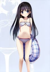 Rule 34 | 1girl, absurdres, arms behind back, bare arms, bare legs, bare shoulders, bikini, black hair, blue bow, blue eyes, bow, collarbone, earrings, gluteal fold, hair bow, hair ornament, highres, holding, innertube, jewelry, karory, legs apart, long hair, looking at viewer, navel, open mouth, original, simple background, solo, standing, strapless, strapless bikini, striped bikini, striped clothes, swim ring, swimsuit
