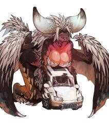 Rule 34 | 1girl, absurdres, animal nose, breasts, broken window, car, claws, cleavage, colored skin, dark skin, dragons fucking cars (meme), flat tire, furry, highres, holding, horns, huge horns, implied futanari, improvised sex toy, kneeling, large breasts, leaning forward, meme, miao jiangyou, monster girl, monster hunter (series), motor vehicle, nergigante, open mouth, orange skin, rolling eyes, sharp teeth, simple background, solo, spiked arm, spiked tail, spiked wings, tail, teeth, tongue, tongue out, white background, wings, yellow eyes