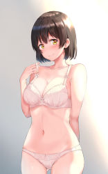Rule 34 | 1girl, arm behind back, backlighting, blush, bob cut, bow, bow bra, bow panties, bra, breasts, brown hair, collarbone, cowboy shot, crotch seam, gluteal fold, hand up, highres, lifted by self, looking at viewer, nagomian, navel, original, panties, short hair, smile, solo, standing, strap lift, underwear, underwear only, white bra, white panties, yellow eyes