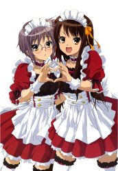 Rule 34 | 10s, 2girls, alternate hairstyle, blush, extraction, glasses, heart, heart hands, heart hands duo, ikeda shouko, long hair, maid, multiple girls, nagato yuki, official alternate hair length, official alternate hairstyle, ribbon, suzumiya haruhi, suzumiya haruhi no shoushitsu, suzumiya haruhi no yuuutsu, transparent background, yellow ribbon
