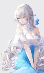 Rule 34 | 1girl, absurdres, bare shoulders, blue bow, blue dress, blue flower, blue rose, blush, bow, breasts, bronya rand, brown eyes, buttons, closed mouth, crossed bangs, detached sleeves, dress, drill hair, earrings, flower, grey background, grey hair, hair between eyes, hair bow, highres, honkai: star rail, honkai (series), jewelry, lips, long hair, looking to the side, medium breasts, minzu u, rose, short sleeves, sidelocks, simple background, sitting, smile, solo, white bow, white flower