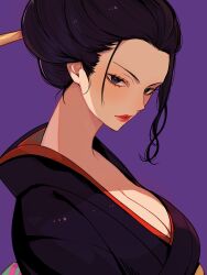 Rule 34 | 1girl, black hair, black kimono, blue eyes, breasts, cleavage, commentary, hair ornament, highres, japanese clothes, kanzashi, kimono, kurage20001, looking at viewer, nico robin, obi, one piece, profile, purple background, red lips, sash, sidelocks, simple background, solo, upper body