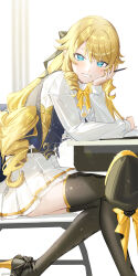 Rule 34 | 1girl, alternate costume, black thighhighs, blonde hair, blue eyes, commentary request, drill hair, drill sidelocks, feet out of frame, genshin impact, grin, haruri, high heels, highres, holding, holding pen, knees together feet apart, legs, long hair, looking at viewer, miniskirt, navia (genshin impact), pen, pleated skirt, shirt, sidelocks, sitting, skirt, smile, solo, thighhighs, thighs, very long hair, white shirt, white skirt