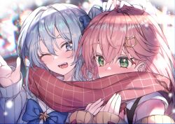 Rule 34 | 2girls, blue eyes, blue hair, commentary, english commentary, green eyes, hair ornament, hololive, hoshimachi suisei, hoshimachi suisei (school uniform), looking to the side, multiple girls, open mouth, pink hair, red scarf, redcomet, sakura miko, sakura miko (casual), scarf, shared clothes, shared scarf, smile, star (symbol), star in eye, symbol in eye, teeth, upper teeth only, virtual youtuber