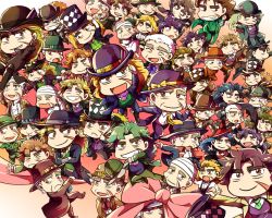 Rule 34 | &gt; &lt;, 6+boys, :&lt;, :d, > <, aged up, argyle, bandaged head, bandages, blade, blonde hair, bowler hat, brown hair, chibi, clenched hand, closed eyes, crossed arms, facial scar, fedora, formal, gradient background, green hair, grin, hammer, hat, unworn hat, unworn headwear, jojo no kimyou na bouken, male focus, multiple boys, multiple persona, necktie, old, old man, one eye closed, open mouth, purple hair, ribbon, robert e. o. speedwagon, scar, scar on cheek, scar on face, sledgehammer, smile, suit, top hat, triangle mouth, umbrella, v, vest, white hair, wrinkled skin, xd, yuu knight3858