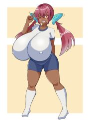 Rule 34 | &gt; &lt;, 1girl, breasts, codeorange162, collarbone, covered erect nipples, dark-skinned female, dark skin, dot nose, eyelashes, female focus, full body, gigantic breasts, grin, gym uniform, highres, huge breasts, legs, looking at viewer, one eye closed, orange eyes, original, pink hair, shorts, smile, socks, solo, standing, taut clothes, thick thighs, thighs, twintails, v, white socks, wink, yellow background