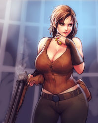 Rule 34 | 1girl, absurdres, bare shoulders, belt, belt buckle, blurry, blurry background, breasts, brown belt, brown hair, brown vest, buckle, buttons, cait (fallout 4), cleavage, commentary, curvy, english commentary, erkaz, fallout (series), fallout 4, grey pants, gun, highres, holding, holding gun, holding weapon, large breasts, lips, pants, parted lips, pouch, short hair, shotgun, sleeveless, solo, standing, vest, weapon, yellow eyes