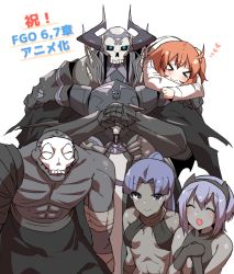 Rule 34 | &gt; &lt;, 2boys, 3girls, :d, ahoge, armor, assassin (fate/zero), bare shoulders, black cloak, black gloves, blush, breasts, brown hair, chaldea uniform, cloak, closed eyes, closed mouth, colored skin, dark-skinned female, dark skin, eiri (eirri), elbow gloves, facing viewer, fate/grand order, fate/prototype, fate/prototype: fragments of blue and silver, fate/zero, fate (series), female assassin (fate/zero), fujimaru ritsuka (female), gloves, glowing, glowing eyes, grey skin, hair between eyes, hair ornament, hair scrunchie, hands on hilt, hands up, hassan of serenity (fate), hassan of the cursed arm (fate), heart, horns, jacket, king hassan (fate), long hair, looking at viewer, mask, medium breasts, multiple boys, multiple girls, one side up, open mouth, parted bangs, ponytail, purple eyes, purple hair, scrunchie, simple background, skull, skull mask, smile, spikes, sword, tears, translation request, uniform, weapon, white background, white jacket, yellow scrunchie