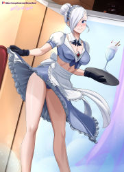 Rule 34 | 1girl, absurdres, apron, artist name, black gloves, blue eyes, blush, breasts, cleavage, clothes lift, feet out of frame, food, glass, gloves, hair bun, hair over one eye, highres, ice cream, indoors, maid, maid apron, maid headdress, medium breasts, midriff, panties, patreon username, photoshop (medium), pulling own clothes, rwby, short sleeves, single hair bun, skirt, skirt lift, solo, standing, sundae, thighs, tray, underwear, vilde loh hocen, watermark, white hair, winter schnee