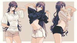 Rule 34 | 1girl, alternate hairstyle, ass, black hair, black shirt, breasts, clothes lift, clothes pull, collarbone, commentary, hand on own chin, highres, idolmaster, idolmaster shiny colors, l&#039;antica (idolmaster), large breasts, long hair, looking at viewer, midriff, multiple views, navel, one eye closed, open mouth, oversized clothes, paddy field, shirase sakuya, shirt, shirt pull, short shorts, shorts, simple background, smile, standing, stretching, thighs, underboob, white shirt, yellow eyes