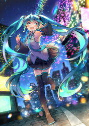 Rule 34 | 1girl, armpits, black skirt, blue eyes, blue hair, blue necktie, boots, detached sleeves, hatsune miku, headset, highres, kyashii (a3yu9mi), long hair, looking up, necktie, open mouth, skirt, solo, thigh boots, thighhighs, very long hair, vocaloid