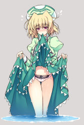 Rule 34 | 00s, 1girl, blonde hair, blush, clothes in mouth, clothes lift, dress, dress in mouth, dress lift, earrings, embarrassed, flying sweatdrops, grey background, hat, highres, hoop earrings, jewelry, klarwind, lyrical nanoha, mahou shoujo lyrical nanoha, mahou shoujo lyrical nanoha a&#039;s, mahou shoujo lyrical nanoha strikers, mouth hold, navel, panties, puffy sleeves, purple eyes, raiou, ring, shamal, short hair, simple background, solo, sweat, underwear, wading, water
