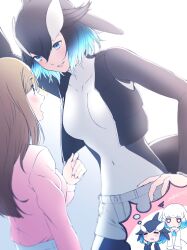 Rule 34 | 3girls, absurdres, annoyed, arm up, beluga whale, beluga whale (kemono friends) (stylecase), black bodysuit, black hair, black vest, blue eyes, blue hair, blue necktie, blush, bodysuit, brown eyes, cetacean tail, chibi, chibi inset, closed eyes, collared shirt, commentary, commission, diving suit, dorsal fin, fins, fish tail, grey shorts, hair between eyes, hand on own chin, hand on own hip, height difference, highres, imagining, kabedon, kemono friends, killer whale (kemono friends) (stylecase), long sleeves, looking at another, multicolored hair, multiple girls, necktie, open clothes, open vest, original, pink shirt, shirt, short shorts, shorts, skeb commission, sparkle, squiggle, stylecase, tail, thought bubble, turtleneck, two-tone bodysuit, vest, white bodysuit, white hair, white shirt