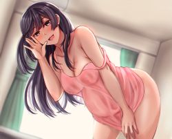 Rule 34 | 1girl, :d, areolae, bangs, bare shoulders, black hair, blush, breasts, cleavage, collarbone, commentary request, dutch angle, grey eyes, hand to own mouth, highres, leaning forward, long hair, looking at viewer, love live!, love live! nijigasaki high school idol club, nipples, one side up, open mouth, pink shirt, pregnant, rushsoldier, see-through, see-through shirt, shirt, smile, solo, strap slip, yuuki setsuna (love live!)