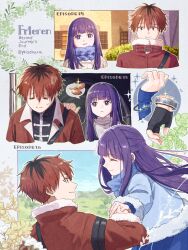Rule 34 | black coat, blunt bangs, blush, bracelet, closed eyes, closed mouth, coat, collar, dress, fern (sousou no frieren), flower, frilled collar, frills, hetero, highres, holding hands, jewelry, multicolored hair, official style, open mouth, pjkuasu, purple hair, purple pupils, red hair, roots (hair), scene reference, smile, sousou no frieren, stark (sousou no frieren), straight hair, sweat, white dress