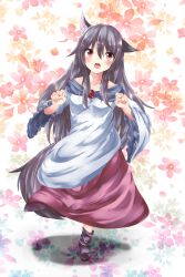 Rule 34 | 1girl, :d, animal ears, bad id, bad pixiv id, dress, fang, floral background, full body, highres, imaizumi kagerou, miki yanagi, open mouth, red eyes, smile, solo, tail, touhou, wolf ears, wolf tail
