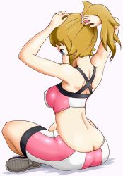 Rule 34 | 10s, 1girl, adjusting hair, ass, bike shorts, blue eyes, breasts, brown hair, butt crack, covered erect nipples, from behind, gundam, gundam build fighters, gundam build fighters try, highres, hoshino fumina, large breasts, long hair, nail polish, ponytail, scrunchie, sitting, solo, sports bra, tagme, tank top, tof