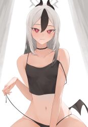 Rule 34 | 1girl, absurdres, black camisole, black choker, black hair, black horns, black panties, black wings, blue archive, blush, camisole, choker, closed mouth, collarbone, demon horns, demon wings, grey hair, grey halo, groin, hair between eyes, halo, highres, horns, kayoko (blue archive), light smile, long hair, looking at viewer, mole, navel, panties, randouworks, red eyes, single wing, solo, underwear, wings