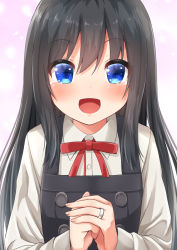 Rule 34 | 1girl, asashio (kancolle), asashio kai ni (kancolle), black hair, blue eyes, comiching, commentary request, dress, highres, jewelry, kantai collection, long hair, long sleeves, looking at viewer, neck ribbon, own hands clasped, own hands together, pinafore dress, red ribbon, ribbon, ring, shirt, simple background, sleeveless dress, solo, upper body, wedding band, white background, white shirt