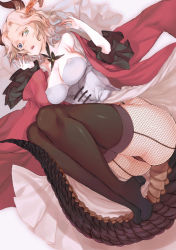 Rule 34 | 1girl, ass, breasts, cleavage, corset, dragon girl, fishnet pantyhose, fishnets, garter straps, heterochromia, horns, large breasts, legs, leiror, monster girl, original, pantyhose, solo, tail, thighhighs, white hair