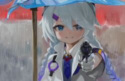 Rule 34 | 1girl, aiming, aiming at viewer, blue archive, blue eyes, blue hair, blue necktie, blue shirt, blue umbrella, braid, collared shirt, commentary, dokomon, english commentary, gloves, gradient hair, grey hair, grin, gun, hair between eyes, hair ornament, hairclip, handgun, highres, holding, holding gun, holding weapon, jacket, kirino (blue archive), long hair, long sleeves, looking at viewer, low twintails, multicolored hair, necktie, open clothes, open jacket, rain, revolver, shirt, smile, solo, twin braids, twintails, umbrella, upper body, very long hair, weapon, white gloves, white jacket