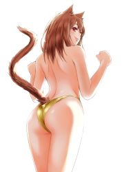 Rule 34 | 1girl, absurdres, animal ears, ass, back, backlighting, bikini, bikini bottom only, blush, brown hair, brown tail, cat ears, cat girl, cat tail, clenched hands, cowboy shot, from behind, gold bikini, hands up, highres, lips, looking away, looking to the side, macosee, original, paw pose, red eyes, shoulder blades, simple background, smile, solo, standing, swimsuit, tail, tail raised, topless