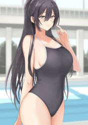 Rule 34 | 1girl, bare shoulders, black hair, black one-piece swimsuit, blush, breasts, cleavage, collarbone, covered navel, hair between eyes, high ponytail, highres, idolmaster, idolmaster shiny colors, large breasts, long hair, looking at viewer, one-piece swimsuit, ponytail, shirase sakuya, smile, solo, swimsuit, thighs, tsurui, yellow eyes