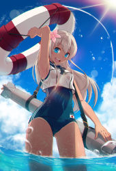 Rule 34 | 10s, 1girl, 40hara, blonde hair, blue eyes, cowboy shot, crop top, crop top overhang, day, fisheye, flower, from below, hair flower, hair ornament, highres, kantai collection, lifebuoy, light rays, long hair, looking at viewer, one-piece tan, open mouth, partially submerged, partially underwater shot, ro-500 (kancolle), sailor collar, school swimsuit, sky, smile, solo, sunbeam, sunlight, swim ring, swimsuit, swimsuit under clothes, tan, tanline, torpedo, underwater, wading