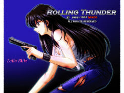 Rule 34 | black hair, blue eyes, denim, gun, leila blitz, namco, rolling thunder (game), shirt, t-shirt, weapon