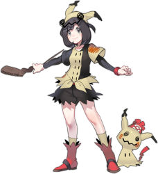 Rule 34 | 1girl, beanie, black hair, boots, cosplay, costume switch, creatures (company), e volution, game freak, gen 7 pokemon, hat, looking at viewer, mimikyu, mimikyu (cosplay), nintendo, pokemon, pokemon sm, red hat, selene (pokemon), shirt, short hair, smile, tied shirt, white background