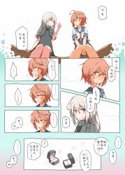 Rule 34 | ..., 10s, 2girls, :d, ?, ahoge, bare legs, beize (garbage), blue eyes, blush, comic, cropped jacket, flying sweatdrops, grey jacket, hair ornament, highres, i-58 (kancolle), jacket, jewelry, jewelry box, kantai collection, long hair, multiple girls, necktie, open mouth, red eyes, ring, sailor collar, school swimsuit, short hair, silver hair, sitting, smile, spoken ellipsis, spoken question mark, sweatdrop, swimsuit, swimsuit under clothes, translation request, u-511 (kancolle), wedding band, yuri