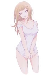 Rule 34 | 1girl, alternate hairstyle, blonde hair, blunt bangs, boku no hero academia, breasts, cleavage, cowboy shot, hair down, long hair, messy hair, nashimo (drz n), no bra, no pants, simple background, solo, tank top, toga himiko, white background, yellow eyes