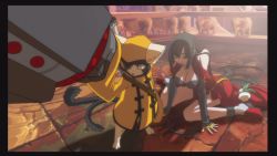 Rule 34 | 1boy, 1girl, animal ears, arc system works, black hair, blazblue, blazblue: calamity trigger, breasts, cat, cat ears, cat tail, china dress, chinese clothes, cleavage, dress, eyepatch, closed eyes, fighting stance, iron tager, jubei (blazblue), lao jiu, large breasts, litchi faye ling, long hair, multiple tails, official art, panda, protecting, tail, very long hair