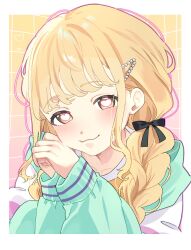 Rule 34 | 1girl, absurdres, blonde hair, blush, braid, fujita kotone, gakuen idolmaster, heart, heart-shaped pupils, highres, idolmaster, jacket, kameria526, long hair, looking at viewer, multicolored clothes, multicolored jacket, own hands together, shirt, smile, solo, symbol-shaped pupils, twin braids, upper body, yellow eyes, yellow shirt