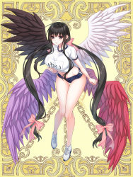 Rule 34 | black eyes, black hair, black wings, blue shorts, bow, breasts, feathered wings, full body, gradient wings, gym uniform, kerberos blade, large breasts, leaning forward, long hair, low-tied long hair, midriff, multicolored wings, navel, official art, pink bow, shirt, shoes, short shorts, shorts, sidelocks, solo, standing, t-shirt, twintails, very long hair, white footwear, white shirt, white wings, wings