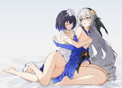 Rule 34 | 2girls, absurdres, bare legs, bare shoulders, barefoot, black hair, black veil, blue dress, blue eyes, blue gloves, blue hair, blush, bottomless, breasts, bridal gauntlets, bronya zaychik, bronya zaychik (herrscher of reason), commentary, crossed bangs, dress, drill hair, earrings, eye contact, flower, gloves, grey eyes, grey hair, hair flower, hair ornament, hand on another&#039;s hip, highres, honkai (series), honkai impact 3rd, hug, hug from behind, jewelry, long hair, looking at another, multicolored hair, multiple girls, pussy, seele vollerei, sidelocks, small breasts, tongue, tongue out, two-tone hair, veil, very long hair, white flower, yukizawa xueze, yuri