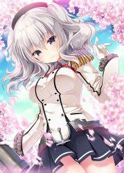 Rule 34 | 10s, 1girl, anchor symbol, blue sky, breasts, cherry blossoms, cloud, cowboy shot, day, epaulettes, gloves, grey eyes, hat, jacket, kantai collection, kashima (kancolle), kino (kino konomi), large breasts, long hair, long sleeves, looking at viewer, military, military uniform, petals, pleated skirt, silver hair, skirt, sky, smile, solo, thighs, twintails, uniform, wavy hair, white gloves