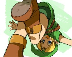 Rule 34 | 1boy, belt, blonde hair, boots, child, from below, hat, link, male focus, nintendo, open mouth, parted bangs, pointy ears, solo, the legend of zelda, wafu (wahoo), young link