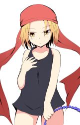 Rule 34 | 1girl, absurdres, bandana, bare arms, bare shoulders, beads, black tank top, blonde hair, blush, brown eyes, closed mouth, collarbone, commentary request, cowboy shot, forehead, hand up, head tilt, highres, holding, kyouyama anna, light frown, mitchi, parted bangs, red bandana, shaman king, short hair, simple background, solo, tank top, white background