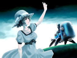 Rule 34 | black hair, blue eyes, crossover, dress, ghost in the shell, ghost in the shell stand alone complex, hat, highres, outstretched hand, poker-face-008, robot, shiina mayuri, short hair, solo, steins;gate, tachikoma