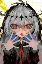 Rule 34 | + +, 1girl, abstract background, antenna hair, bandaged fingers, bandages, black shirt, collared shirt, commentary request, dark halo, distortion, gekiyaku, grey hair, grid background, hair between eyes, halo, hands up, highres, long hair, long sleeves, looking at viewer, lower teeth only, multicolored background, multicolored eyes, mushi buuun, neck ribbon, open hands, open mouth, pink eyes, red ribbon, ribbon, sanpaku, shirt, short eyebrows, solo, straight-on, teeth, upper body, utau, white background, yellow background, yellow eyes
