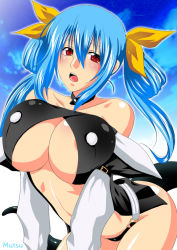 Rule 34 | 1girl, arc system works, blue hair, blush, breasts, cleavage, dizzy (guilty gear), female focus, gradient background, guilty gear, large breasts, mutsu (kitakaze berry), outdoors, red eyes, sky, solo, underboob